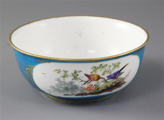 A Sevres style bleu celeste ornithological bowl, diameter 16.5cm